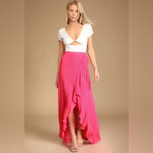 Genuine Happiness Hot Pink Ruffled High-Low Wrap Maxi Skirt